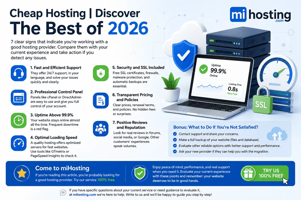 Infographic with the 7 criteria for the best cheap hosting in 2026 — miHosting
