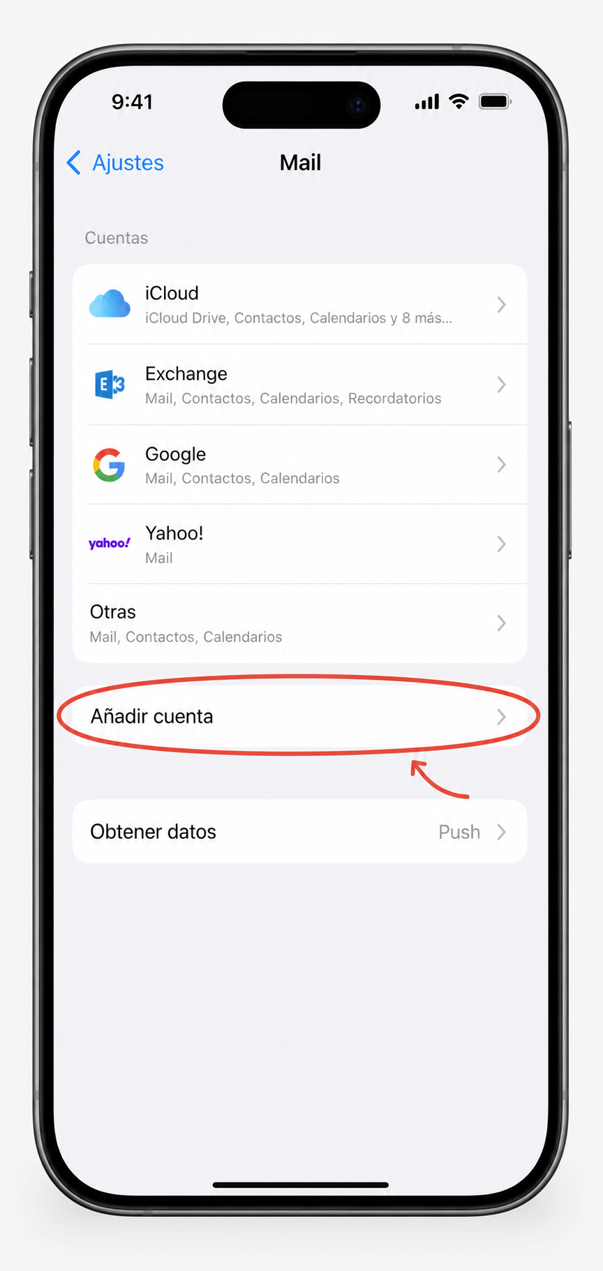 Pantalla de iPhone para anadir una cuenta de correo