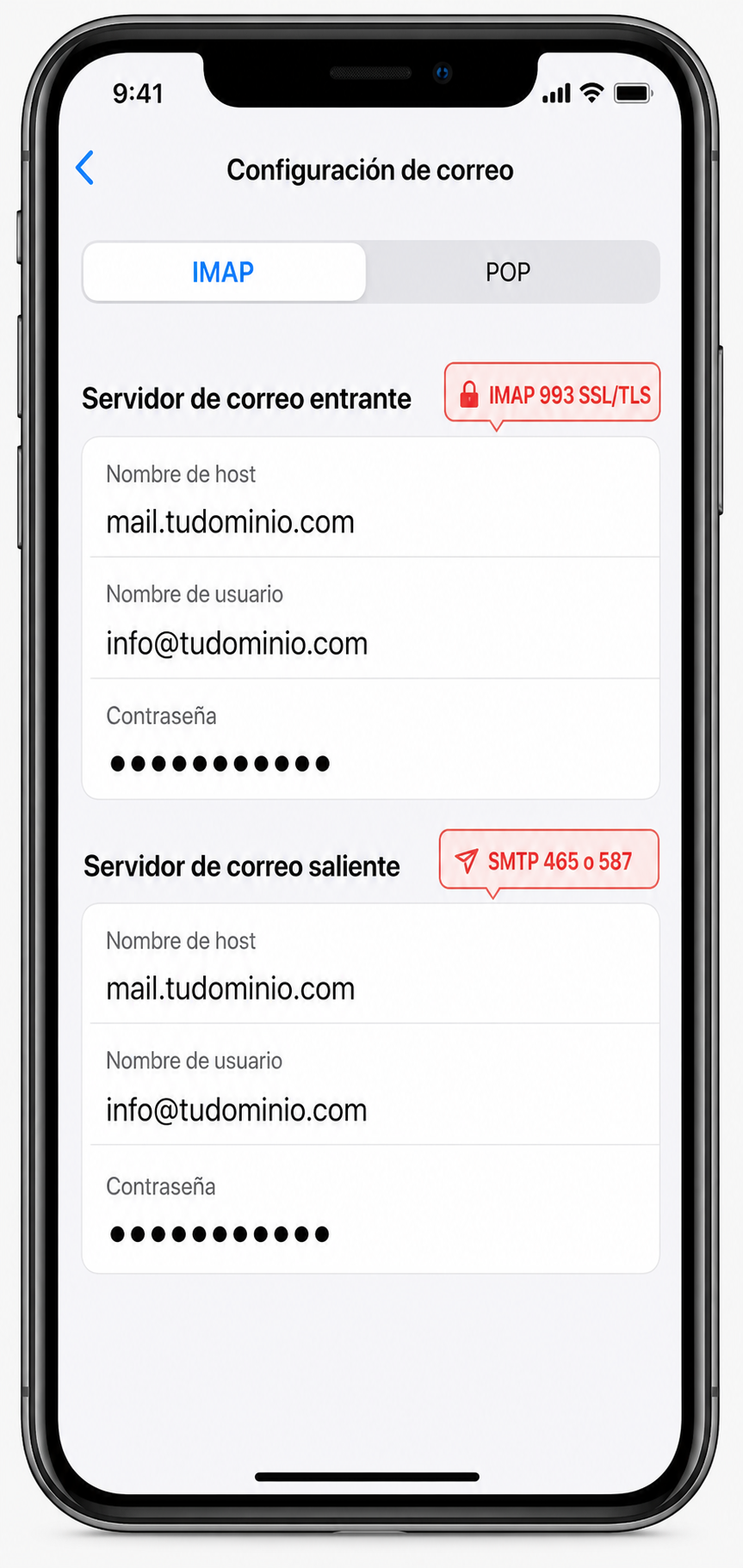 Configuracion IMAP y SMTP en iPhone