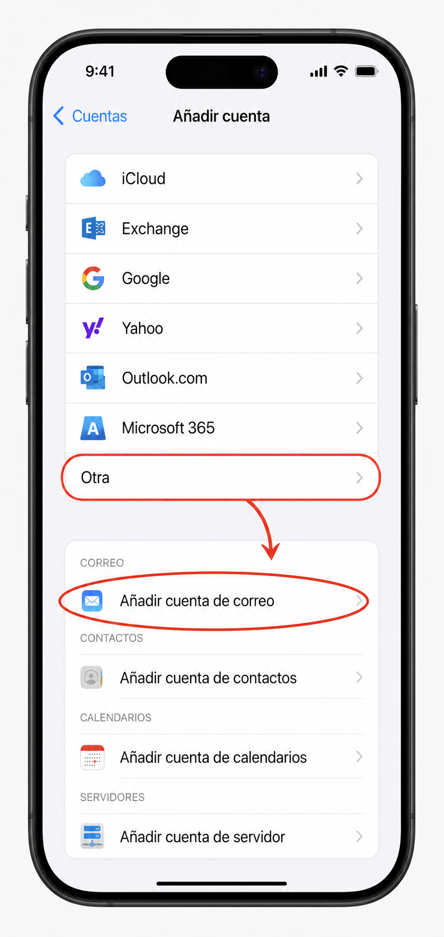 Pantalla de iPhone con la opcion Otra y Anadir cuenta de correo