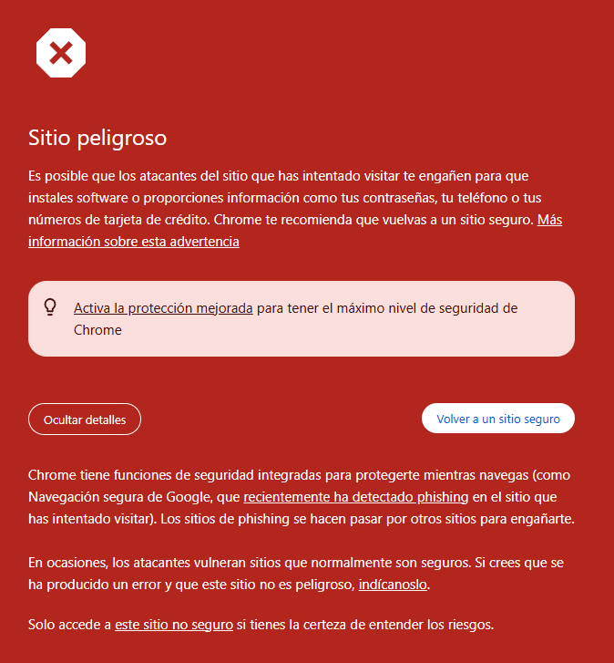 Pantalla roja de Chrome con el aviso Sitio peligroso por phishing