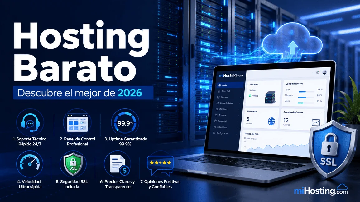 Infografía con los 7 criterios del mejor hosting barato de 2026 — miHosting