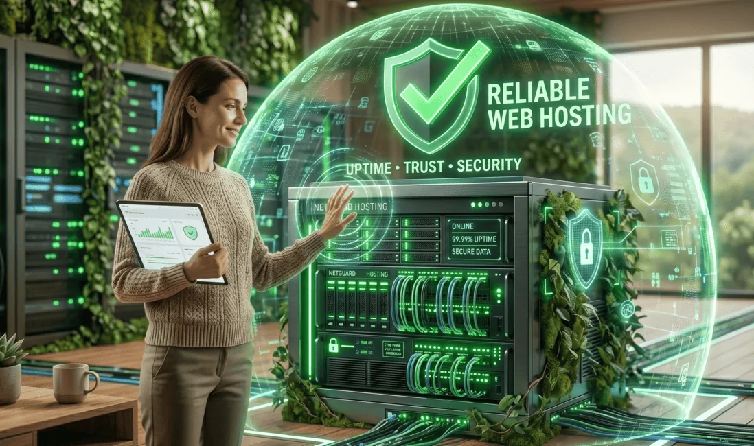 Woman in front of a server rack with security shield and Reliable Web Hosting text